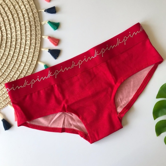 Victoria’s Secret PINK Script Logo Rhinestone Band Hipster Panty Red Small NEW - Picture 1 of 4